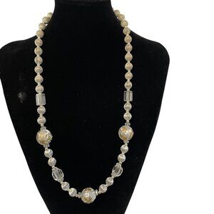 Vintage Gold & Silver Bead Necklace With Handpainted Accents & Cylinder Beads 24